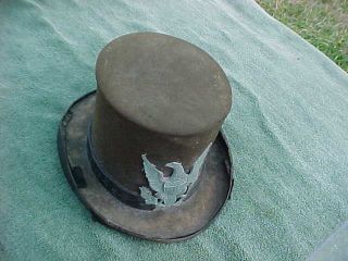 Old Civil War Period Top Hat w Brass Eagle & Ostrich Feather by Brown & William 2