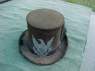 Old Civil War Period Top Hat w Brass Eagle & Ostrich Feather by Brown & William 3