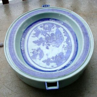 RARE LARGE ANTIQUE CHINESE EXPORT OVAL BLUE & WHITE CANTON WARMING PLATTER N/R 10