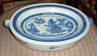 RARE LARGE ANTIQUE CHINESE EXPORT OVAL BLUE & WHITE CANTON WARMING PLATTER N/R 11