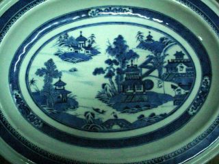 RARE LARGE ANTIQUE CHINESE EXPORT OVAL BLUE & WHITE CANTON WARMING PLATTER N/R 3