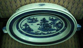 RARE LARGE ANTIQUE CHINESE EXPORT OVAL BLUE & WHITE CANTON WARMING PLATTER N/R 4