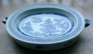 RARE LARGE ANTIQUE CHINESE EXPORT OVAL BLUE & WHITE CANTON WARMING PLATTER N/R 8