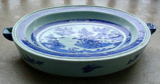 RARE LARGE ANTIQUE CHINESE EXPORT OVAL BLUE & WHITE CANTON WARMING PLATTER N/R 9