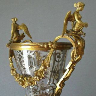 Antique French Gilt Bronze Urn Silver Filigree Inside Rose Swags Angel Handles
