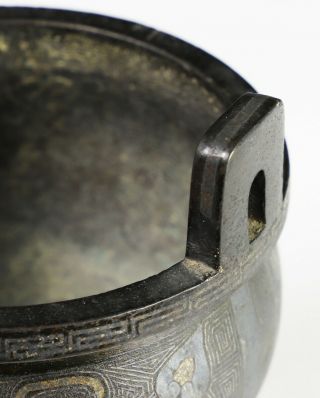 Antique Chinese Silver Inlaid Tri Pod Bronze Censer - 18c 10