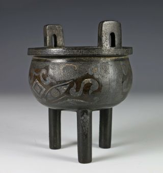 Antique Chinese Silver Inlaid Tri Pod Bronze Censer - 18c 2