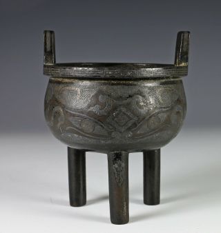 Antique Chinese Silver Inlaid Tri Pod Bronze Censer - 18c 3