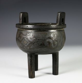 Antique Chinese Silver Inlaid Tri Pod Bronze Censer - 18c 4