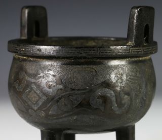 Antique Chinese Silver Inlaid Tri Pod Bronze Censer - 18c 5