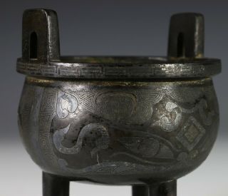 Antique Chinese Silver Inlaid Tri Pod Bronze Censer - 18c 6