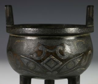 Antique Chinese Silver Inlaid Tri Pod Bronze Censer - 18c 7