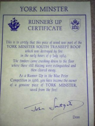 Blue Peter competition winner York Minster burnt relic 1986 Biddy Baxter BBC 9