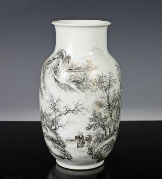 Finely Painted Old Chinese Republic Period Vase In Grisaille With Landscape