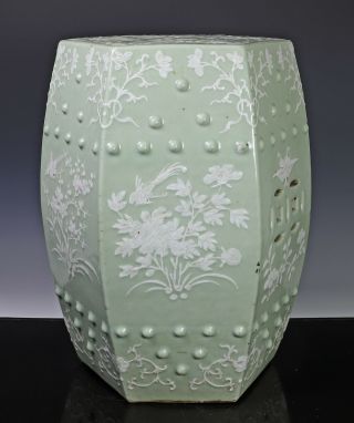 Antique Chinese Celadon Glazed Hexagonal Porcelain Garden Seat