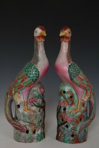 Fine Chinese Pair Famille Rose Porcelain Peacock Statues