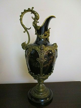 Bronze Ormolu Black Porcelain Painted With Gold Garlands Ewer Urn Vase Pitcher