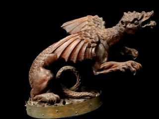 Fabulous Medieval Dragon Sculpture Of Carved Wood Very Nicely Detailed 18th C