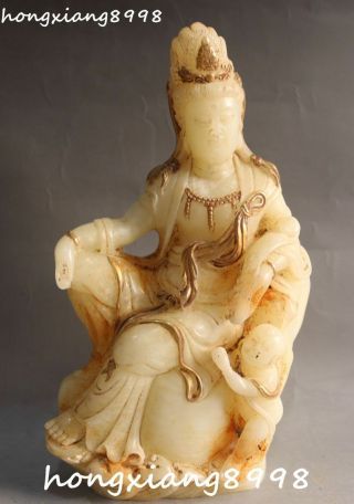 11 " Unique China Old Jade Gilt Kwan - Yin Guanyin Quan Yin Goddess Kid Ruyi Statue