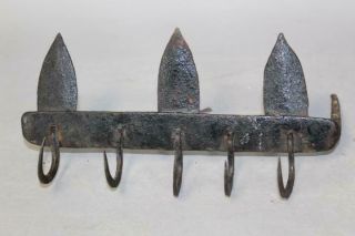 Great Early 18th C Wrought Iron Hanging Utensil Rack In Old Black Paint