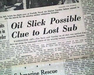Uss Scorpion United States Navy Nuclear Submarine Lost Disaster 1968 Newspaper