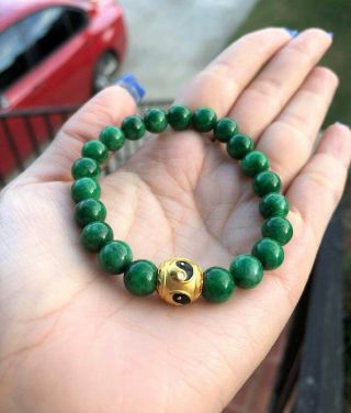 24k 9999 Yellow Gold Enamel Ying Yang Ball With Green Jadeite Jade Bead Bracelet