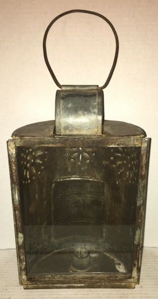 Rare Early 19th C.  Punched Tin Barn Candle Lantern Paul Revere Glass Pane