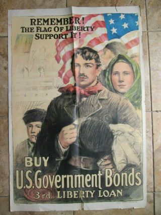 Wonderful Colorful Patriotic Wwi Liberty Loan Poster,  Ship Flag Immigrant Family