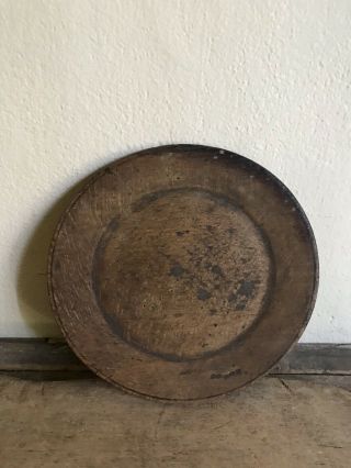 Early Antique Handmade Wooden Treen Plate Aafa Country Patina 6.  25 Inch