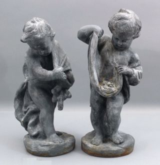 Pr Antique Early 20thc Garden,  English Lead Cherub Children Statues Sculptures