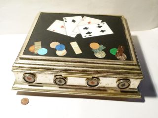 20thc Italian Pietra Dura Mounted Silver Plate Games Box Playing Cards Suits