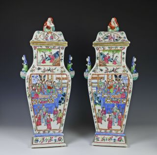 Impressive Antique Chinese Porcelain Covered Vases With Figural Handles
