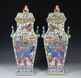 Impressive Antique Chinese Porcelain Covered Vases with Figural Handles 2