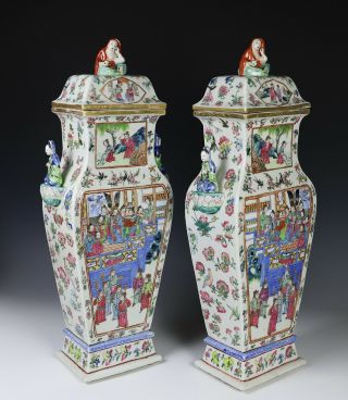 Impressive Antique Chinese Porcelain Covered Vases with Figural Handles 3