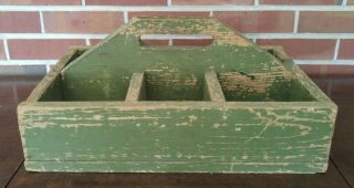 Vintage Primitive Wood Caddy Carrier Tote Shop Carpenter Farm Tool Divided Box 5