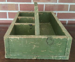 Vintage Primitive Wood Caddy Carrier Tote Shop Carpenter Farm Tool Divided Box 6