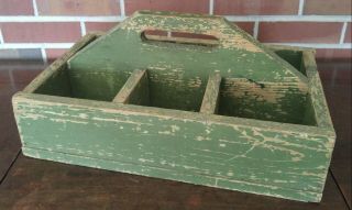 Vintage Primitive Wood Caddy Carrier Tote Shop Carpenter Farm Tool Divided Box 9
