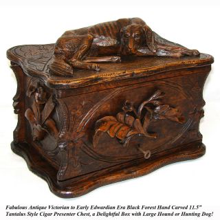 Antique Black Forest 11.  5” Carved Cigar Chest,  Box,  Server - Large DOG Figure 2