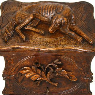 Antique Black Forest 11.  5” Carved Cigar Chest,  Box,  Server - Large DOG Figure 4