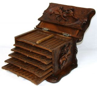 Antique Black Forest 11.  5” Carved Cigar Chest,  Box,  Server - Large DOG Figure 6