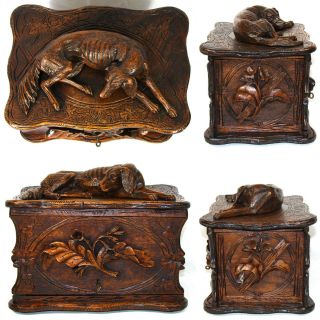 Antique Black Forest 11.  5” Carved Cigar Chest,  Box,  Server - Large DOG Figure 7