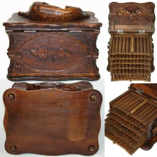 Antique Black Forest 11.  5” Carved Cigar Chest,  Box,  Server - Large DOG Figure 8