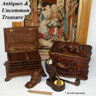 Antique Black Forest 11.  5” Carved Cigar Chest,  Box,  Server - Large DOG Figure 9