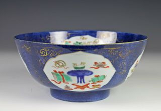 Antique Chinese Powder Blue And Gilt Bowl With Famille Verte Panels - Kangxi