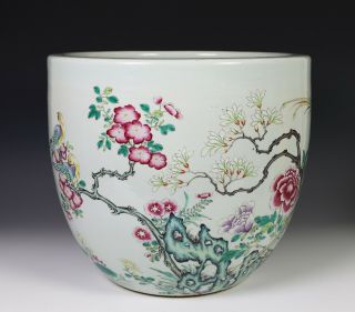Large Antique Chinese Famille Rose Porcelain Planter Bowl w Birds - 19c 2