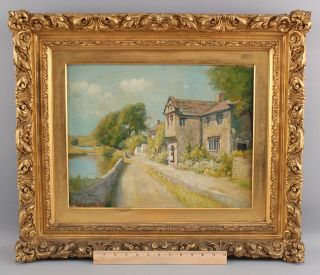 Antique 1898 William Staple Drown English Canal Manor Oil Painting Gilt Frame