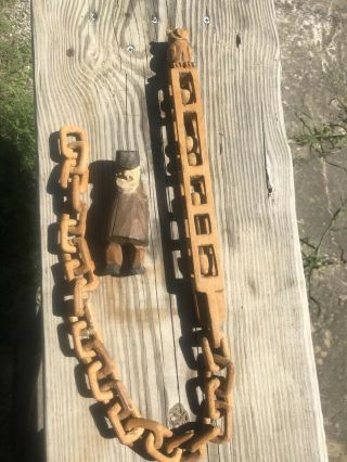 Antique Folk Art Primitive Wood Carved Whimsy Ball And Chain Sailor Prison Art