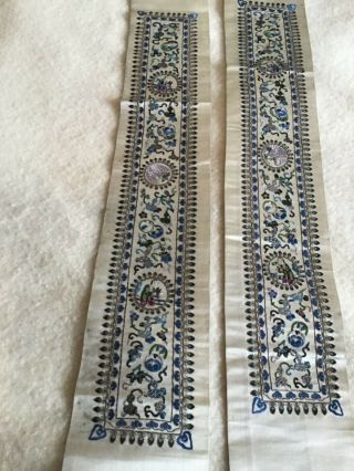 Antique Chinese Embroidery Pair Sleeve Panels C.  1900 Exc