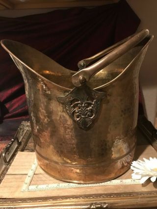 Antique Vintage Large Brass Coal Scuttle Ash Bucket W/ Handle & Footed Base