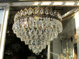 Antique Vnt French Plafonniere Crystal Chandelier Lamp Lustre 1940 ' s 19in Dmetr 11